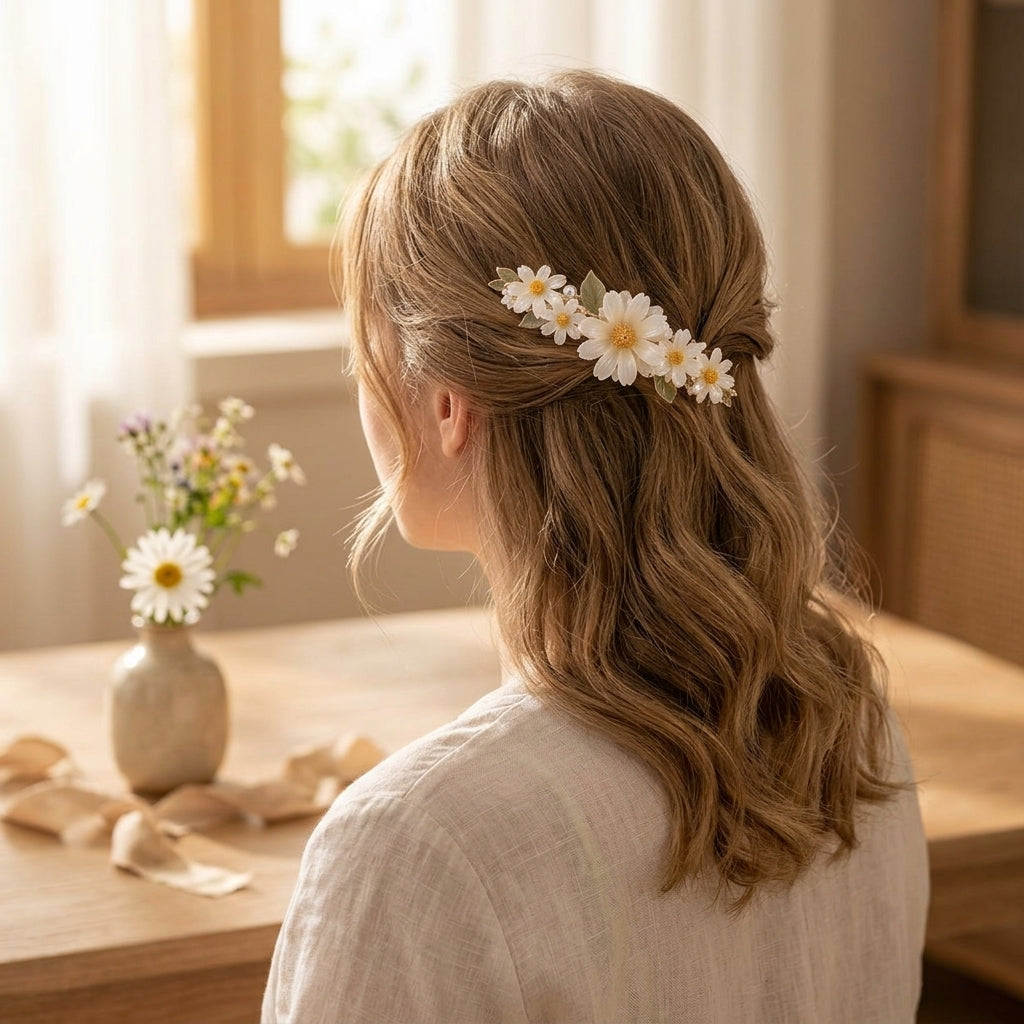 Lqazoun™ Daisy Meadow Side Hair Clip – Floral Daisy Barrette, Layered Flower Side Clip for Women, Botanical Hair Accessory