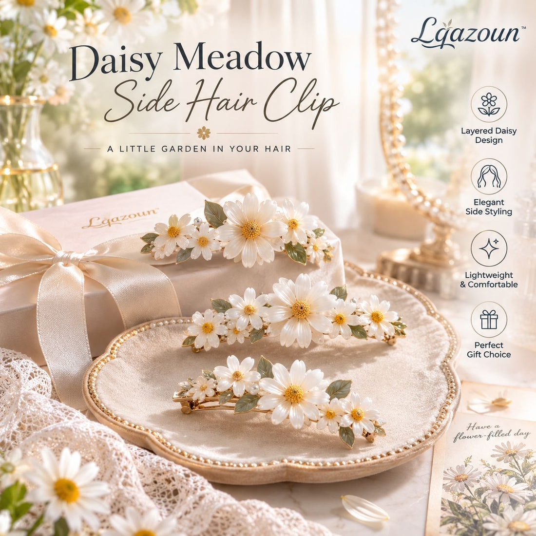 Lqazoun™ Daisy Meadow Side Hair Clip – Floral Daisy Barrette, Layered Flower Side Clip for Women, Botanical Hair Accessory