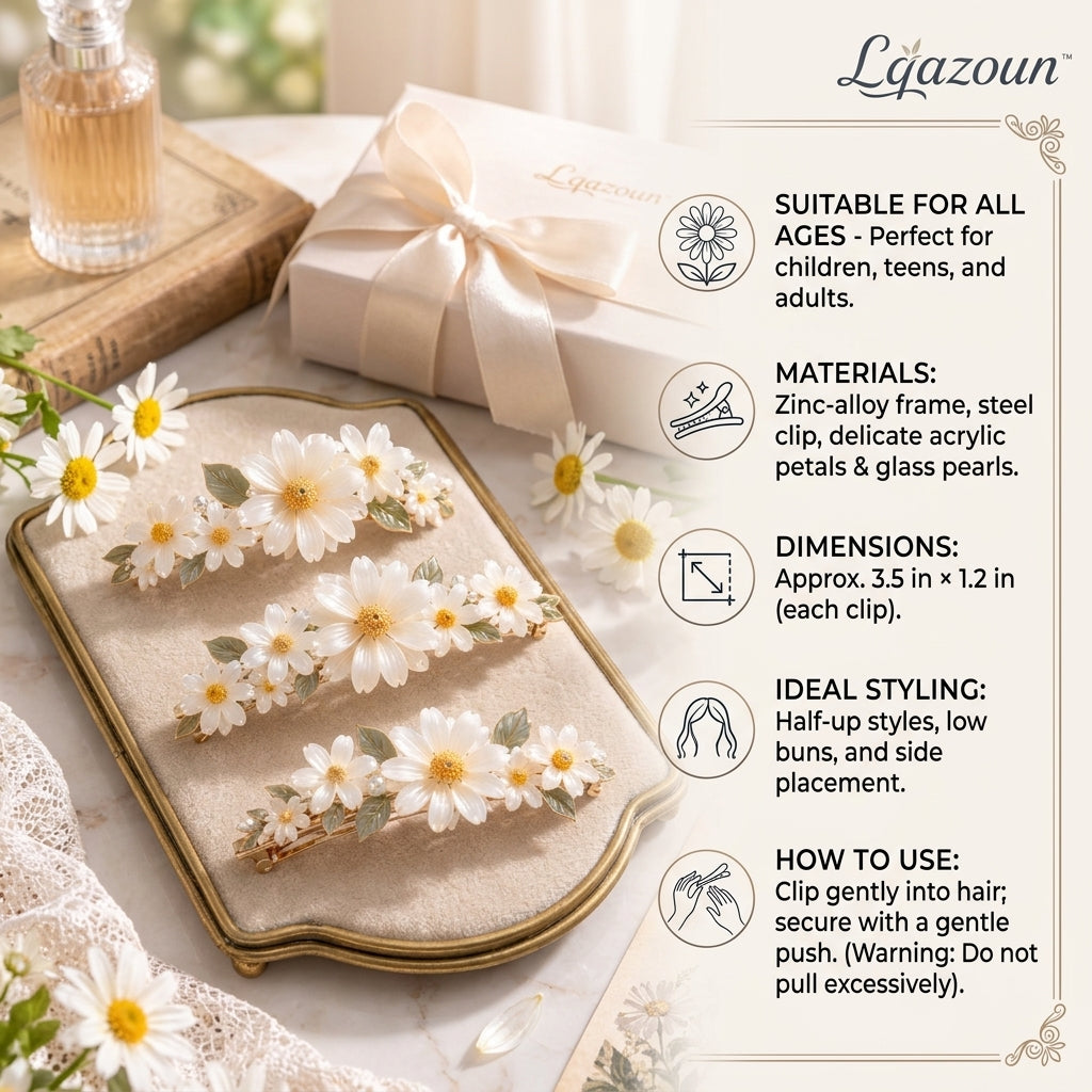 Lqazoun™ Daisy Meadow Side Hair Clip – Floral Daisy Barrette, Layered Flower Side Clip for Women, Botanical Hair Accessory