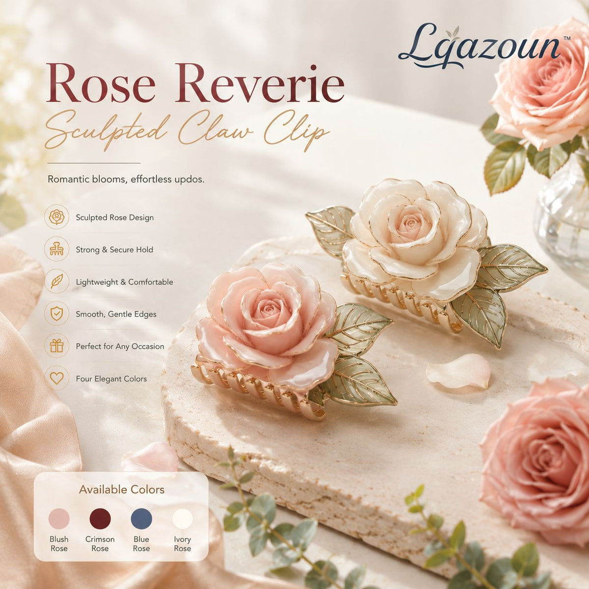 Lqazoun™ Rose Reverie Sculpted Claw Clip – Rose Flower Hair Claw, Romantic Updo Clip, Botanical Hair Accessory for Women