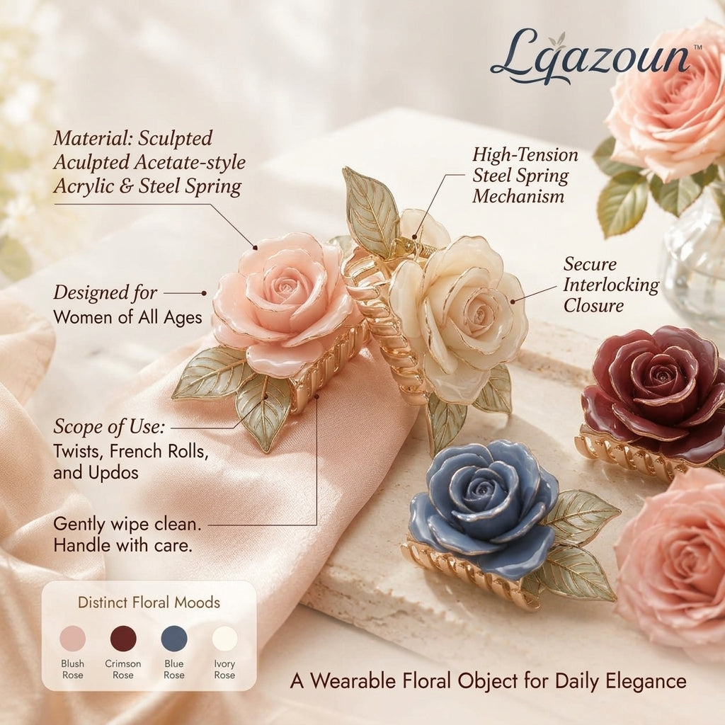 Lqazoun™ Rose Reverie Sculpted Claw Clip – Rose Flower Hair Claw, Romantic Updo Clip, Botanical Hair Accessory for Women