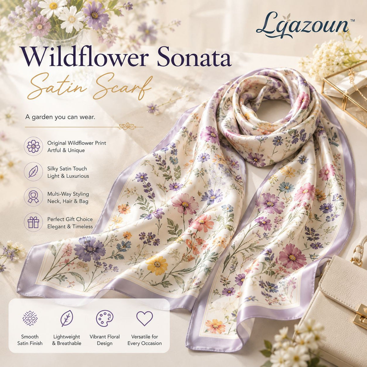 Lqazoun™ Wildflower Sonata Satin Scarf – Women's Floral Print Square Neck Scarf, Hair Wrap & Handbag Accessory