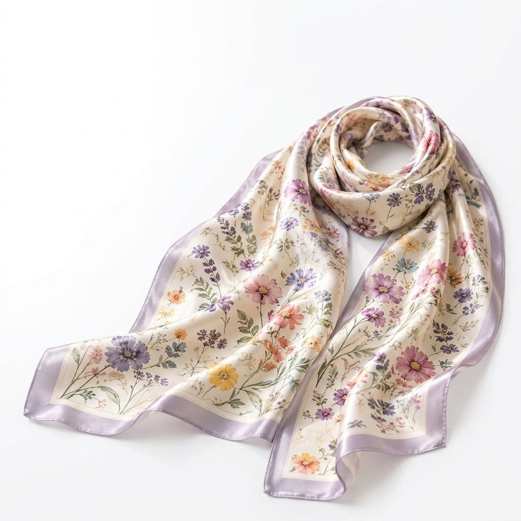 Lqazoun™ Wildflower Sonata Satin Scarf – Women's Floral Print Square Neck Scarf, Hair Wrap & Handbag Accessory