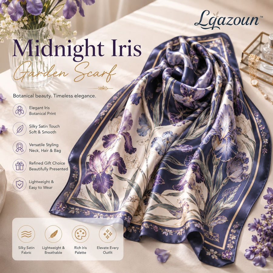 Lqazoun™ Midnight Iris Garden Scarf – Iris Floral Square Satin Neck Scarf, Women's Hair & Handbag Wrap