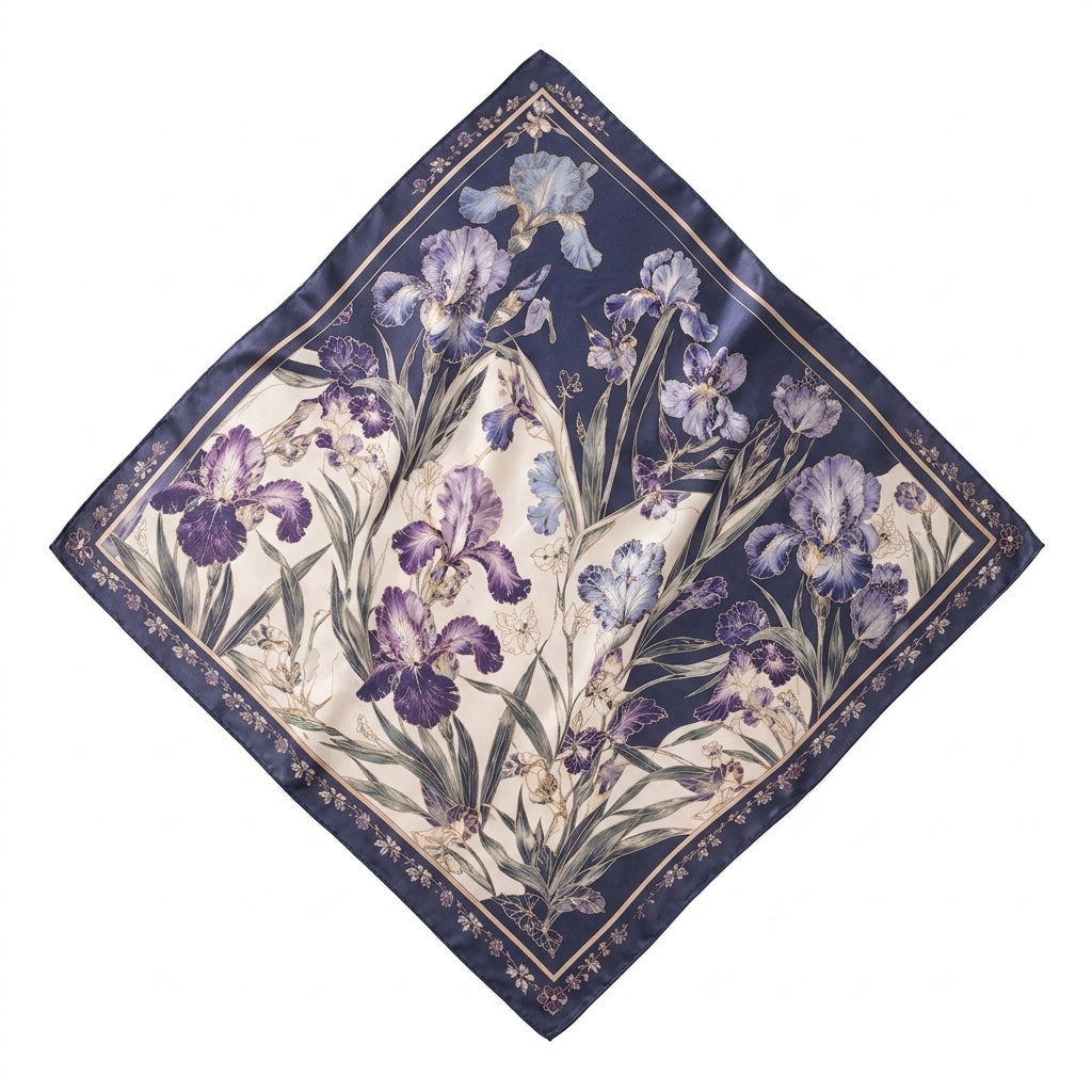 Lqazoun™ Midnight Iris Garden Scarf – Iris Floral Square Satin Neck Scarf, Women's Hair & Handbag Wrap