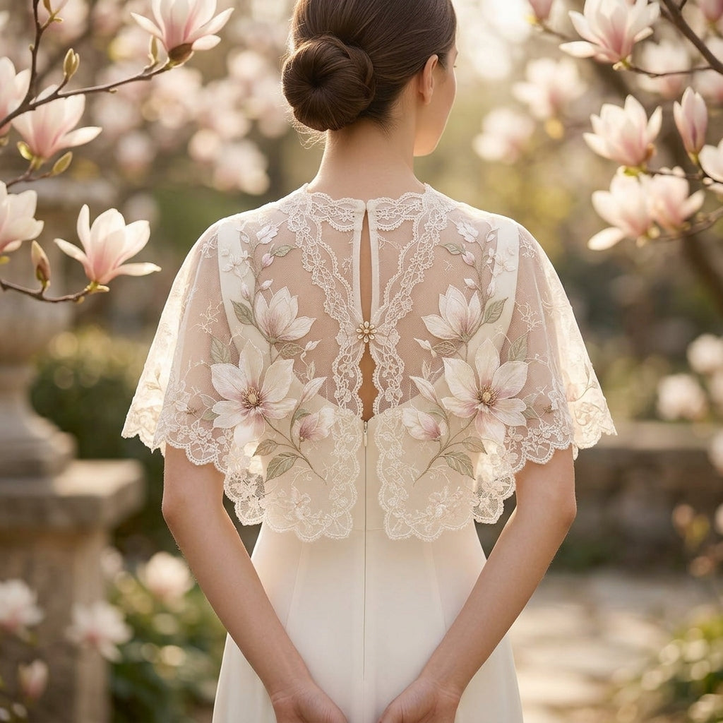 Lqazoun™ Magnolia Lace Shoulder Cape – Women's Floral Capelet, Embroidered Petal Shoulder Wrap, Elegant Layering Accessory