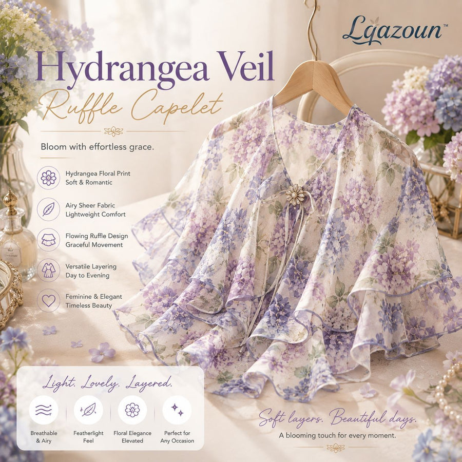 Lqazoun™ Hydrangea Veil Ruffle Capelet – Women's Floral Chiffon Shoulder Wrap, Lightweight Botanical Layering Accessory
