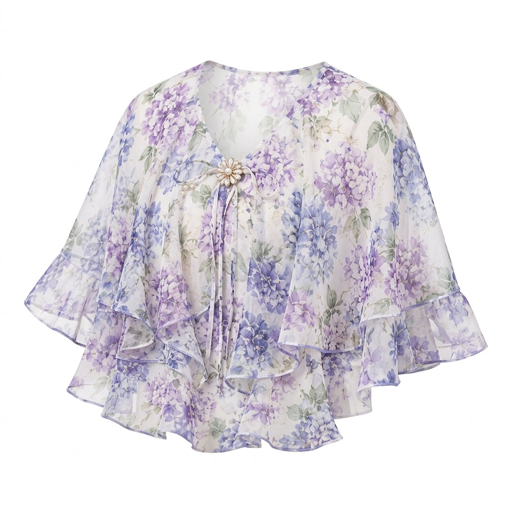 Lqazoun™ Hydrangea Veil Ruffle Capelet – Women's Floral Chiffon Shoulder Wrap, Lightweight Botanical Layering Accessory