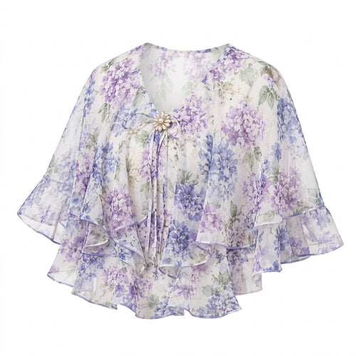 Lqazoun™ Hydrangea Veil Ruffle Capelet – Women's Floral Chiffon Shoulder Wrap, Lightweight Botanical Layering Accessory