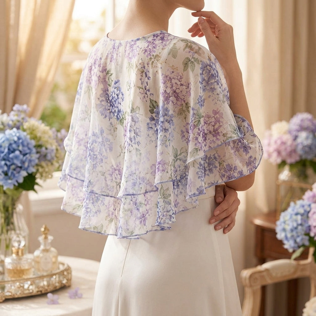 Lqazoun™ Hydrangea Veil Ruffle Capelet – Women's Floral Chiffon Shoulder Wrap, Lightweight Botanical Layering Accessory