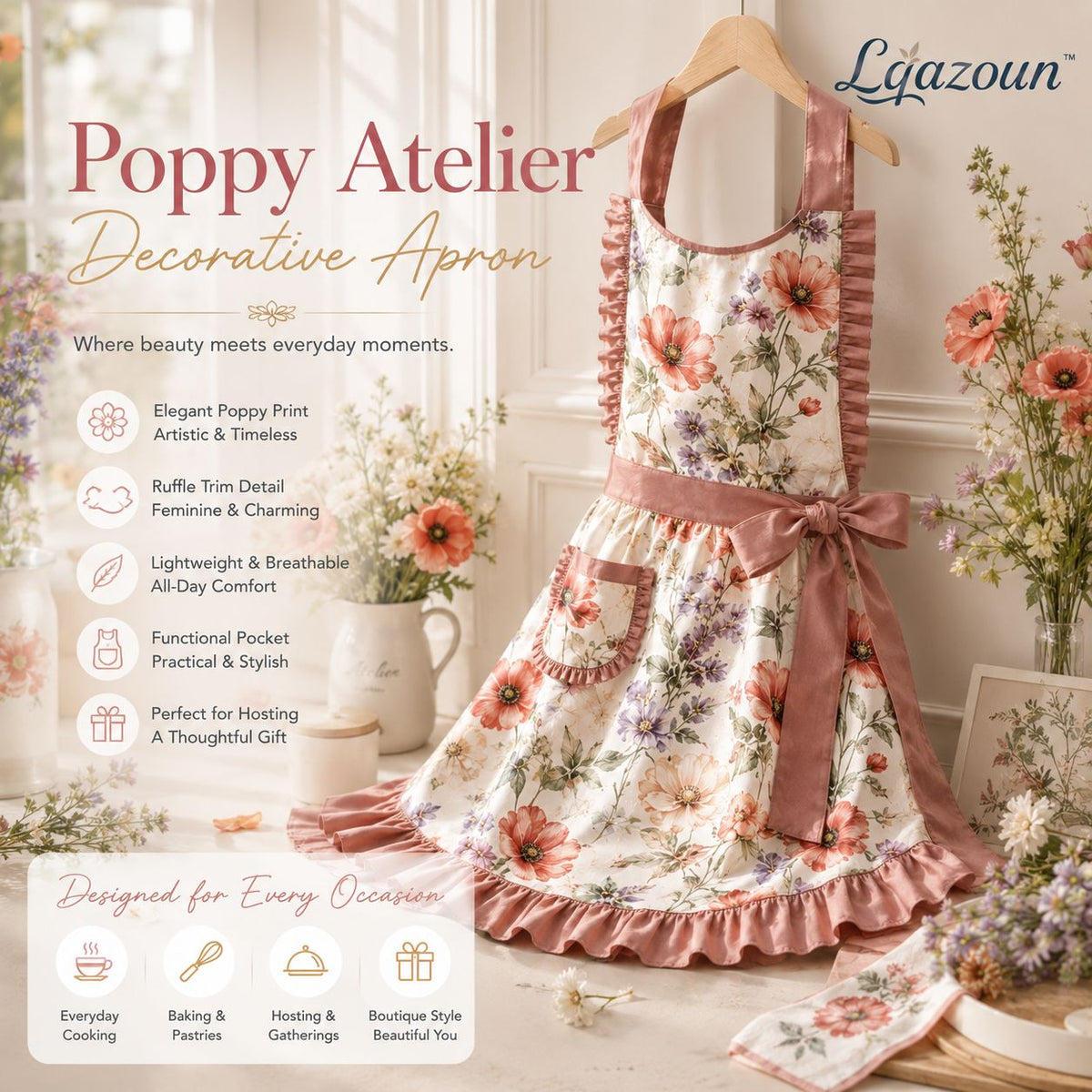 Lqazoun™ Poppy Atelier Decorative Apron – Women's Floral Fashion Apron with Ruffle Trim, Boutique Kitchen & Hosting Accessory