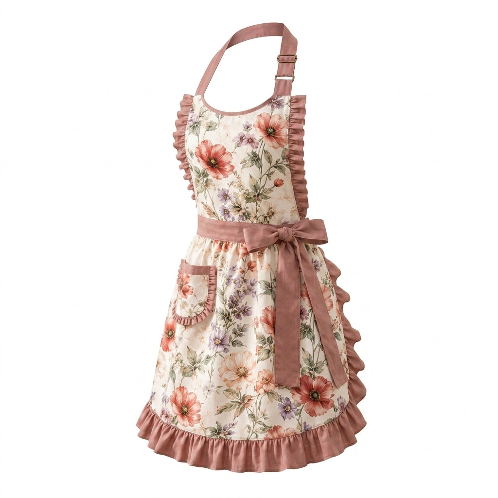 Lqazoun™ Poppy Atelier Decorative Apron – Women's Floral Fashion Apron with Ruffle Trim, Boutique Kitchen & Hosting Accessory