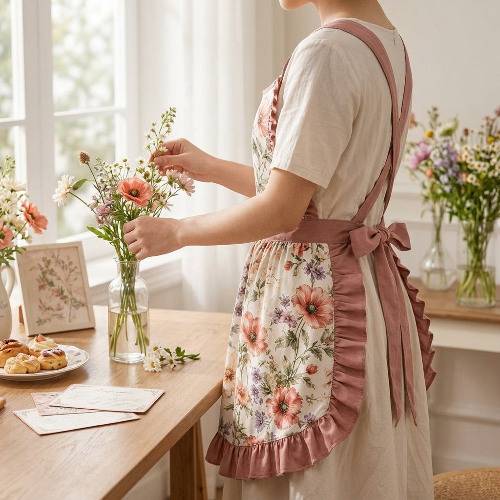 Lqazoun™ Poppy Atelier Decorative Apron – Women's Floral Fashion Apron with Ruffle Trim, Boutique Kitchen & Hosting Accessory