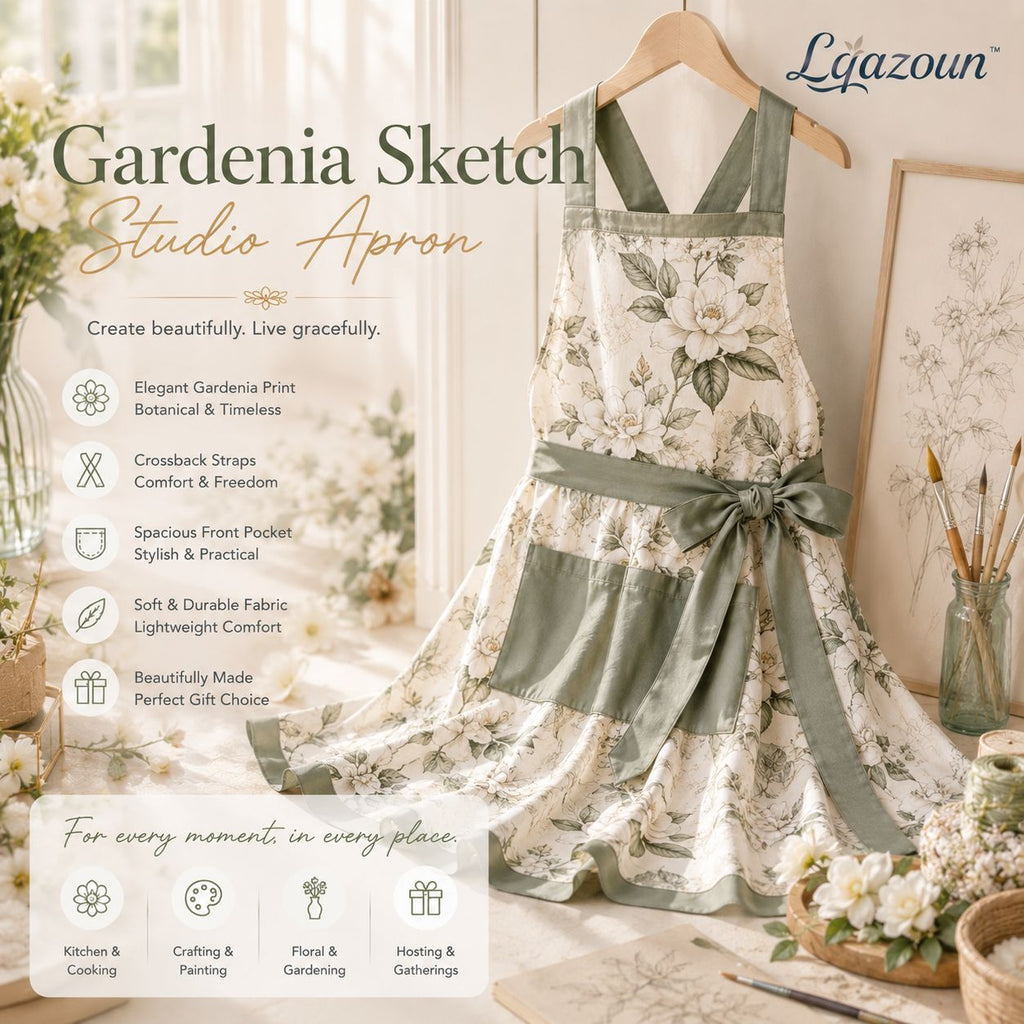 Lqazoun™ Gardenia Sketch Studio Apron – Women's Botanical Floral Apron with Crossback Straps, Elegant Craft & Kitchen Accessory