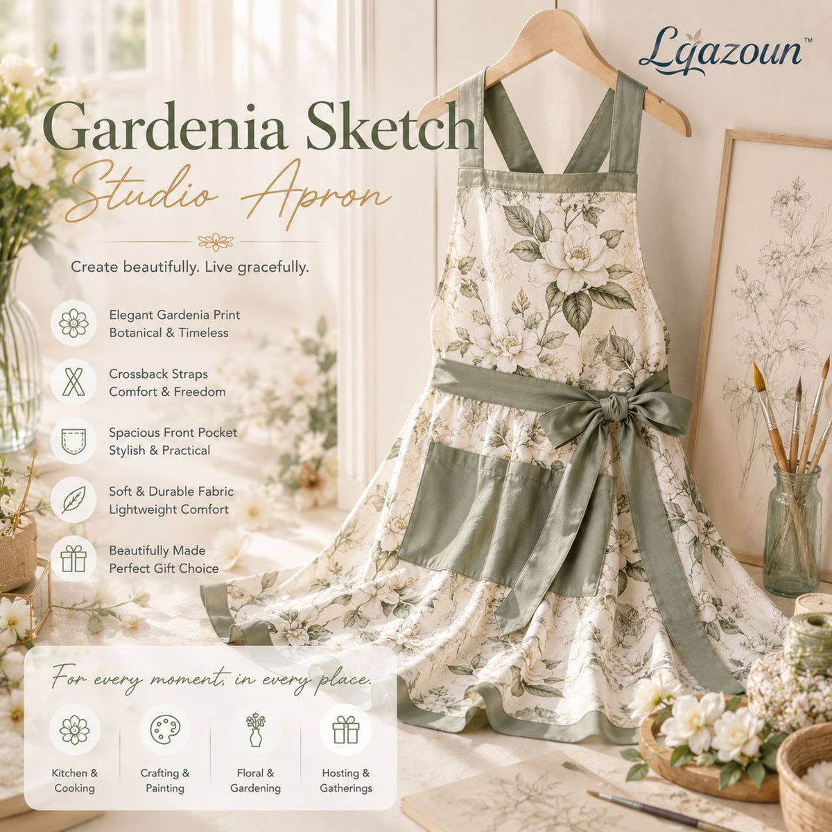 Lqazoun™ Gardenia Sketch Studio Apron – Women's Botanical Floral Apron with Crossback Straps, Elegant Craft & Kitchen Accessory