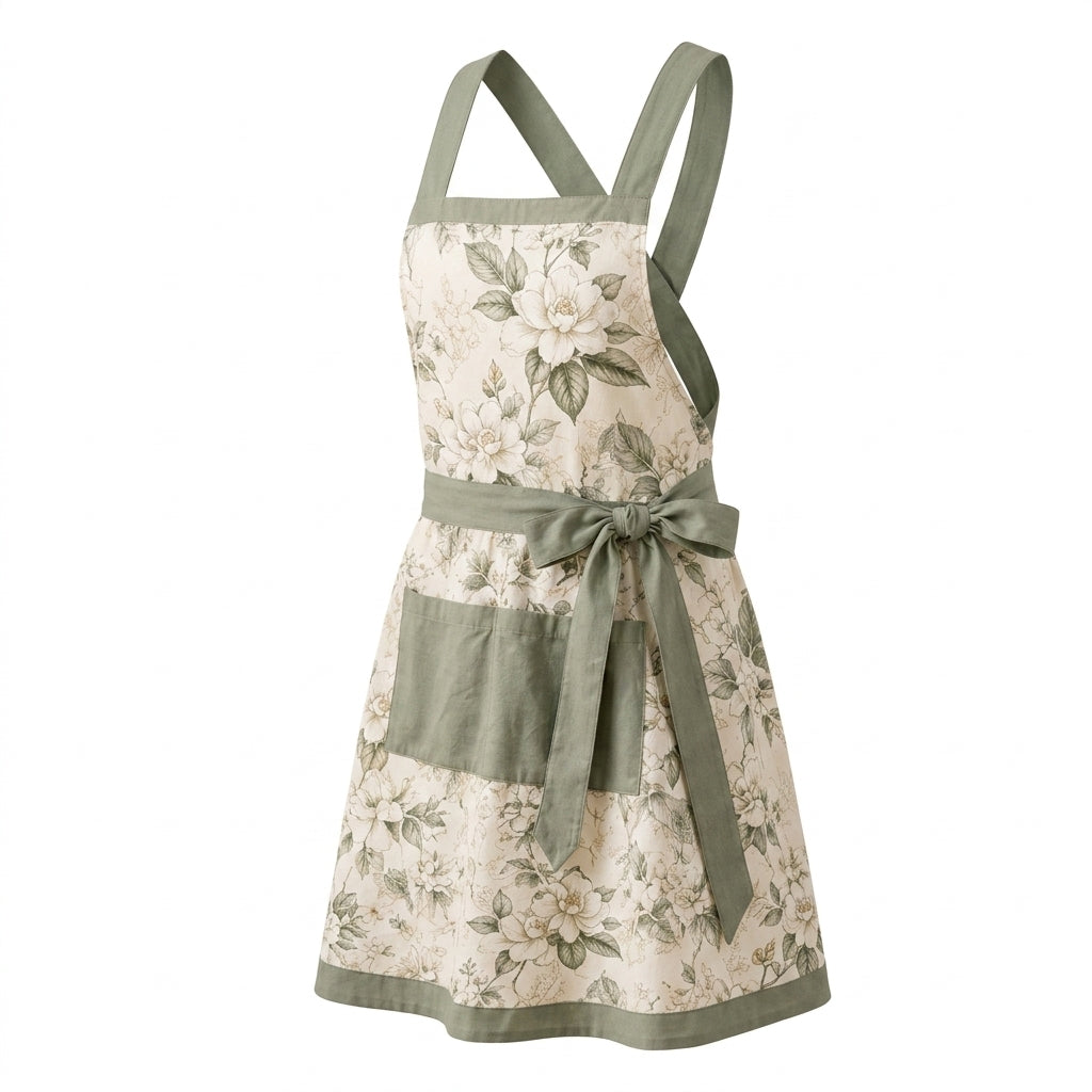Lqazoun™ Gardenia Sketch Studio Apron – Women's Botanical Floral Apron with Crossback Straps, Elegant Craft & Kitchen Accessory