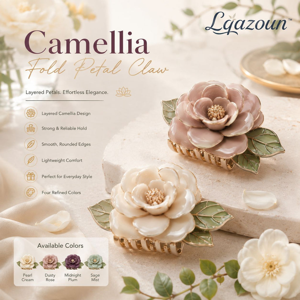 Lqazoun™ Camellia Fold Petal Claw – Layered Flower Hair Clip for Women, Elegant Medium Floral Claw Accessory