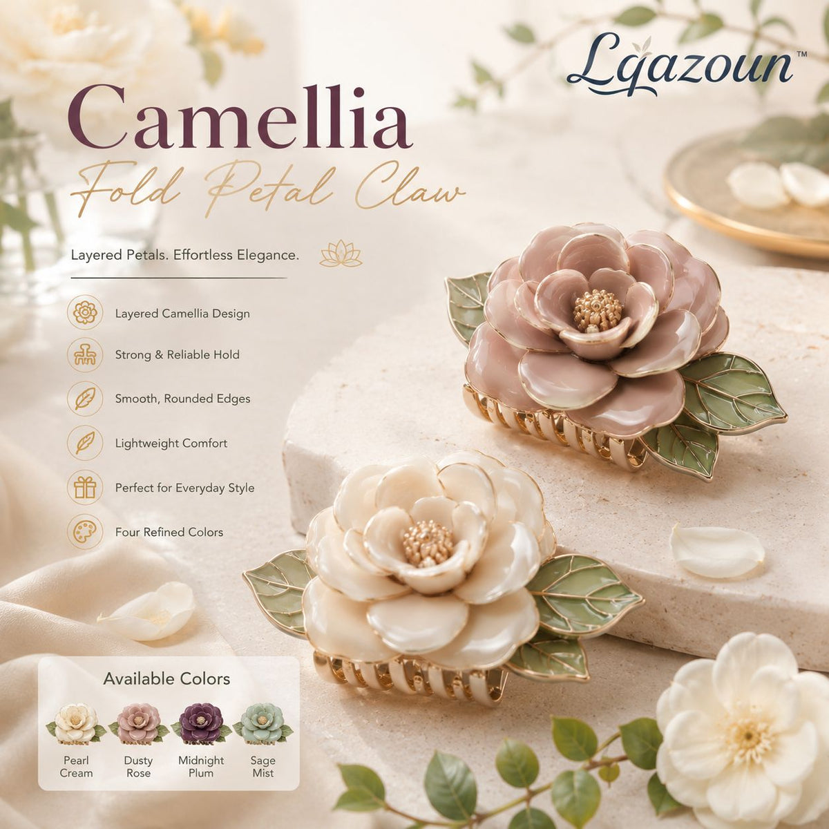 Lqazoun™ Camellia Fold Petal Claw – Layered Flower Hair Clip for Women, Elegant Medium Floral Claw Accessory