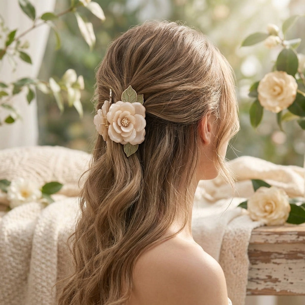 Lqazoun™ Camellia Fold Petal Claw – Layered Flower Hair Clip for Women, Elegant Medium Floral Claw Accessory