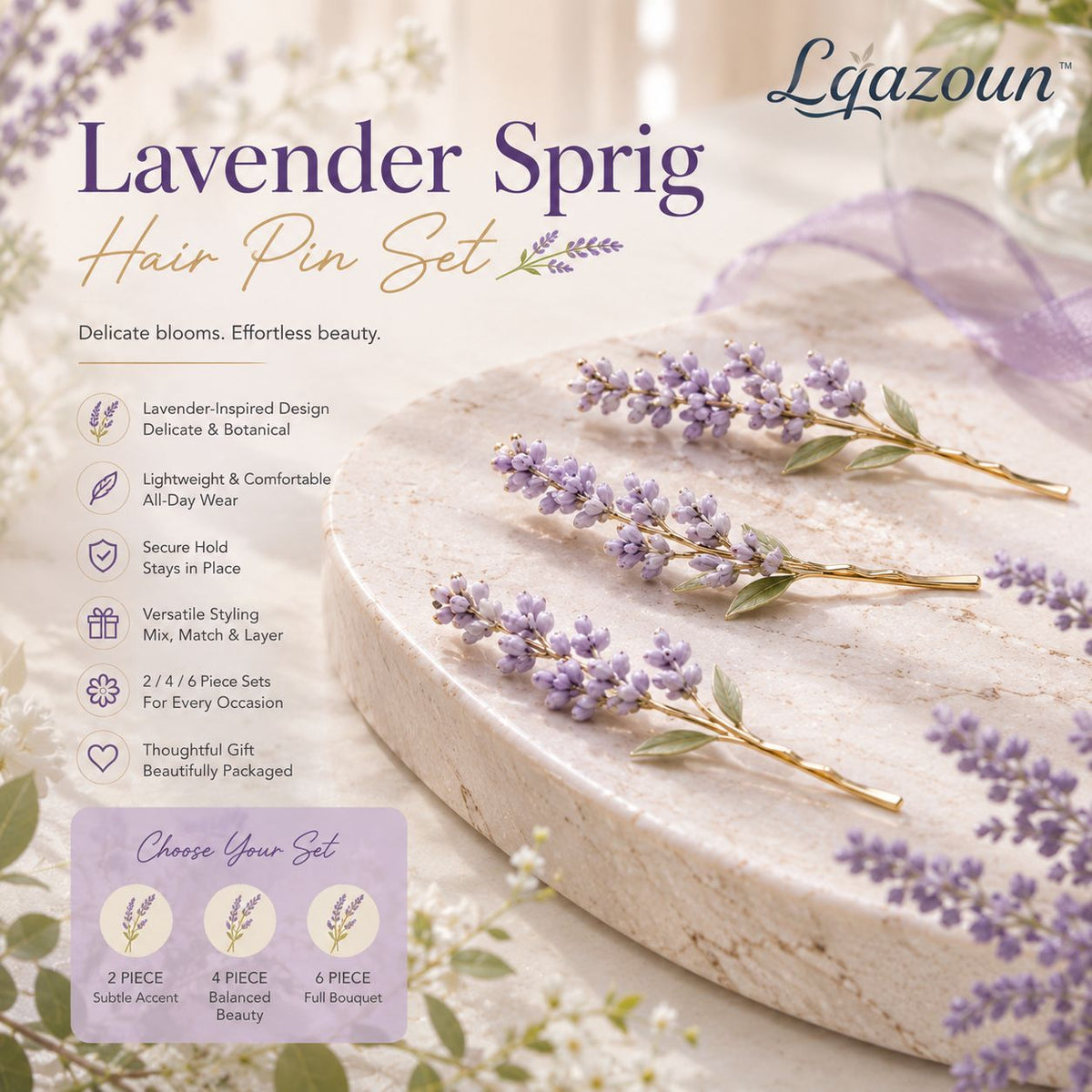 Lqazoun™ Lavender Sprig Pin Set – Botanical Floral Hair Pins, Delicate Flower Bobby Pins, Garden-Inspired Hair Accessories