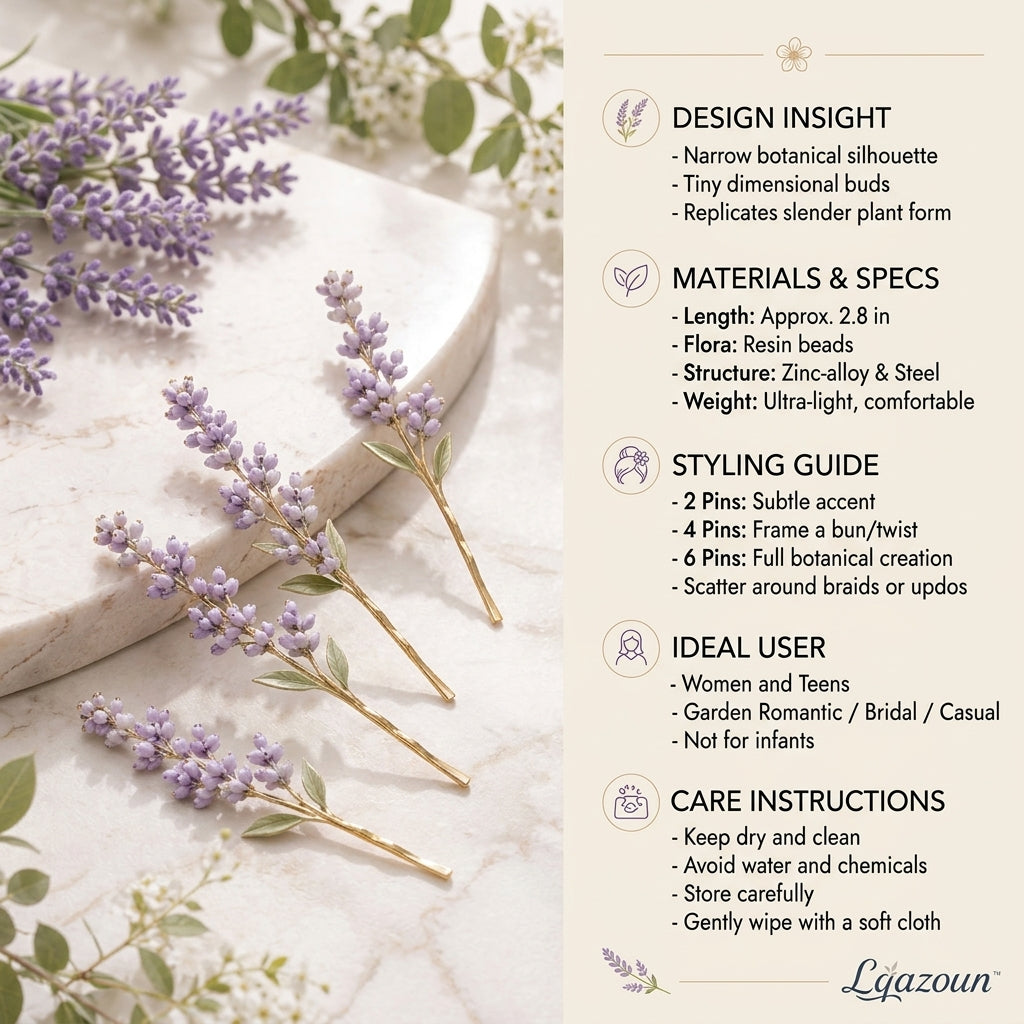Lqazoun™ Lavender Sprig Pin Set – Botanical Floral Hair Pins, Delicate Flower Bobby Pins, Garden-Inspired Hair Accessories
